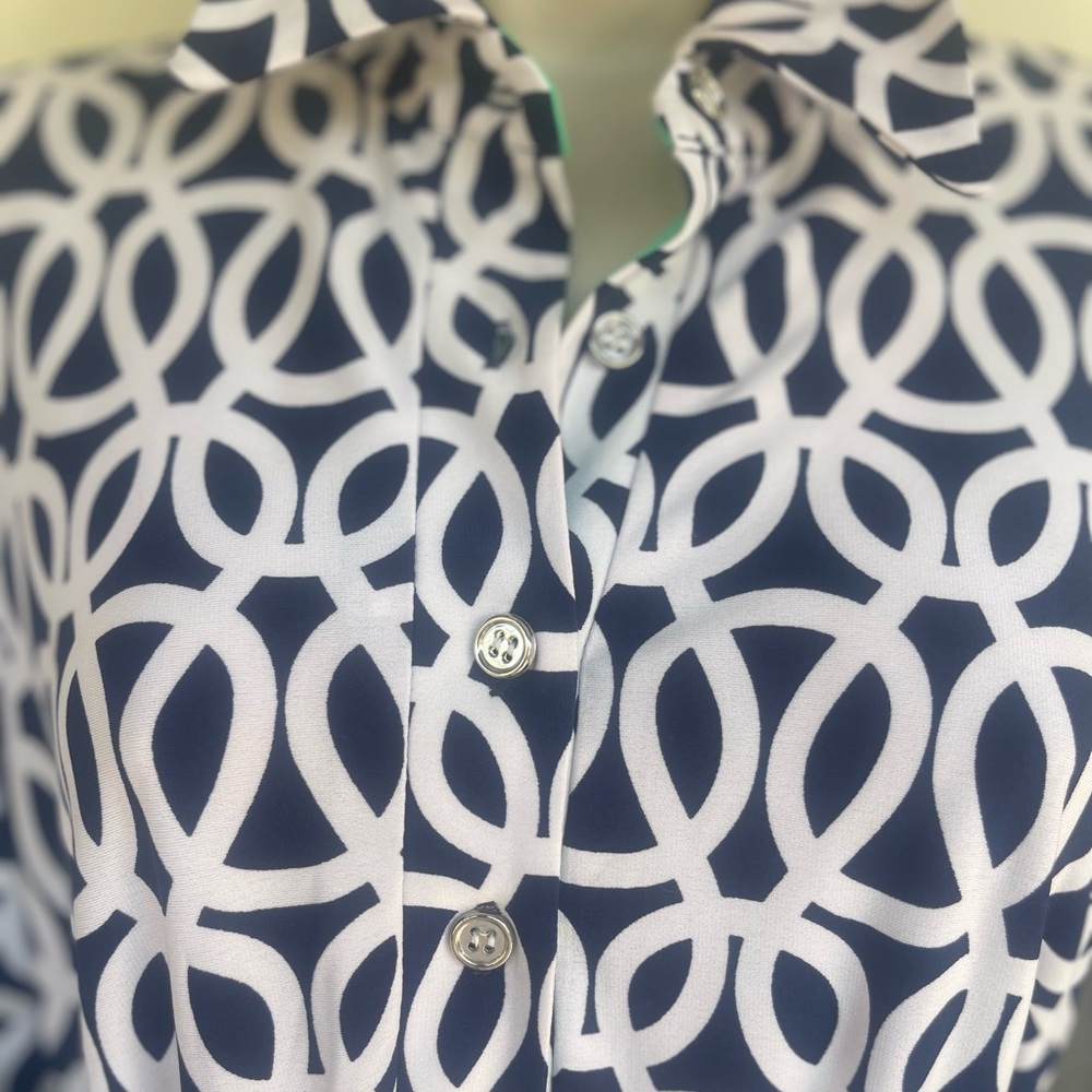 Sandra Darren Navy, Blue & Green Geometric Midi Dress with Belt - Picture 4 of 4